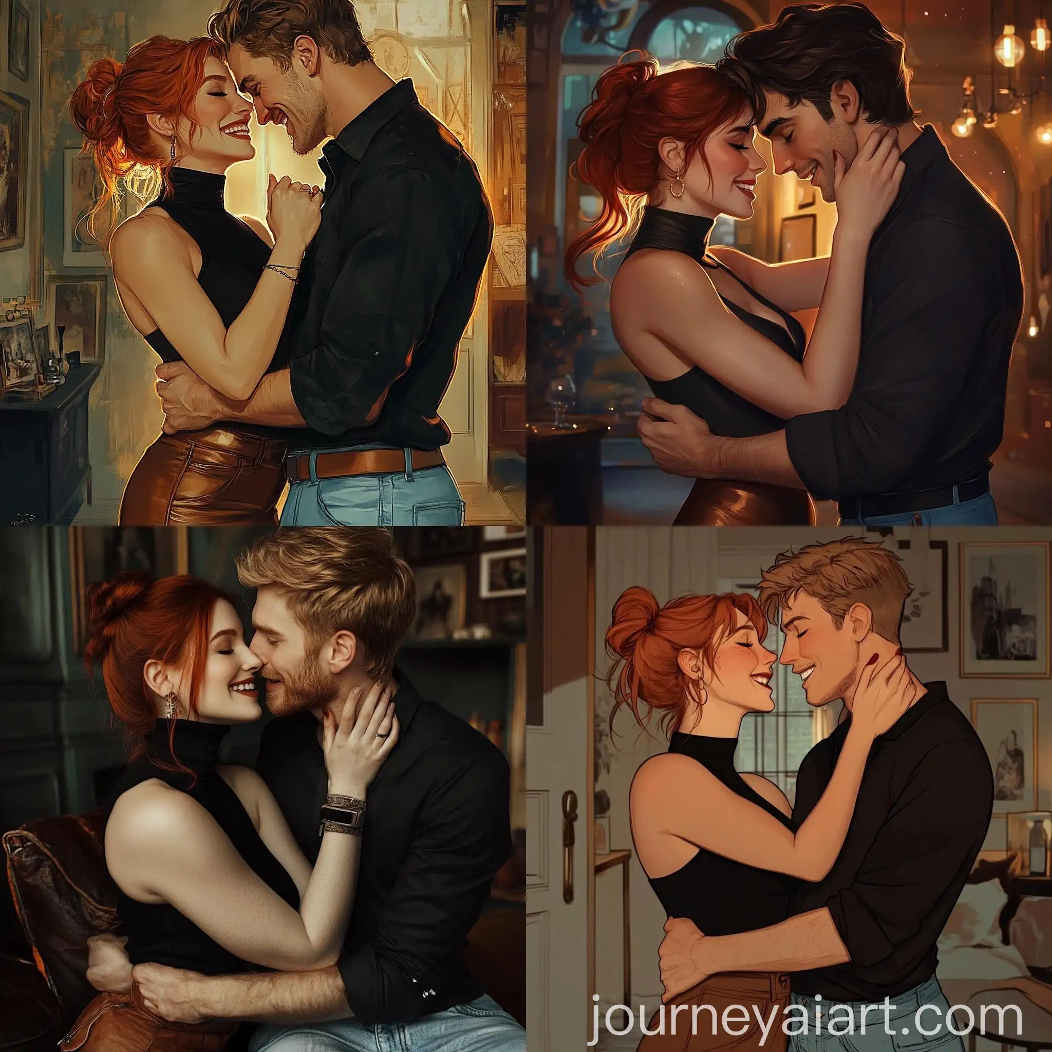 Romantic-Couple-Embracing-with-Laughter-in-Cozy-Village-Living-Room