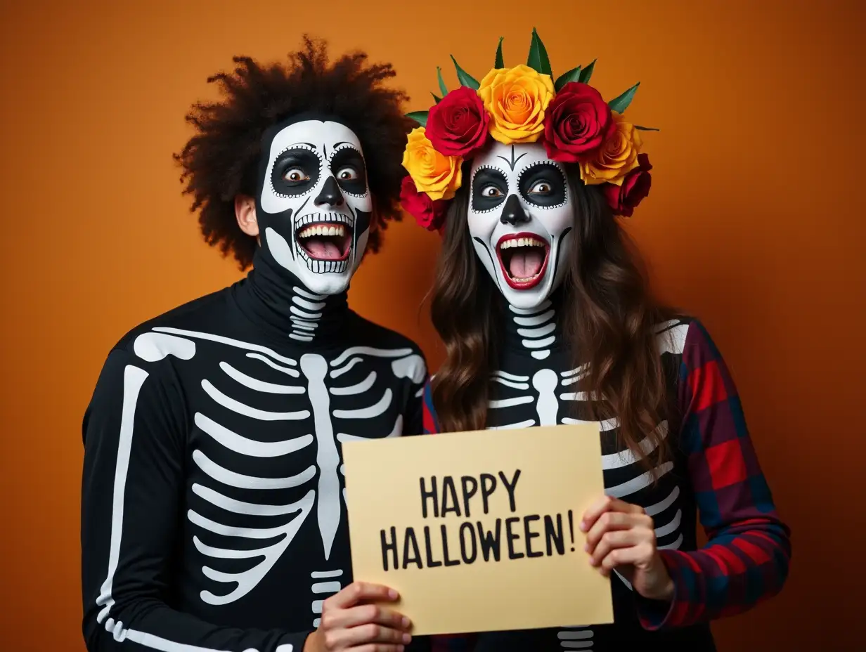 Couple wearing day of the dead costume holding happy halloween paper celebrating crazy and amazed for success with open eyes screaming excited.