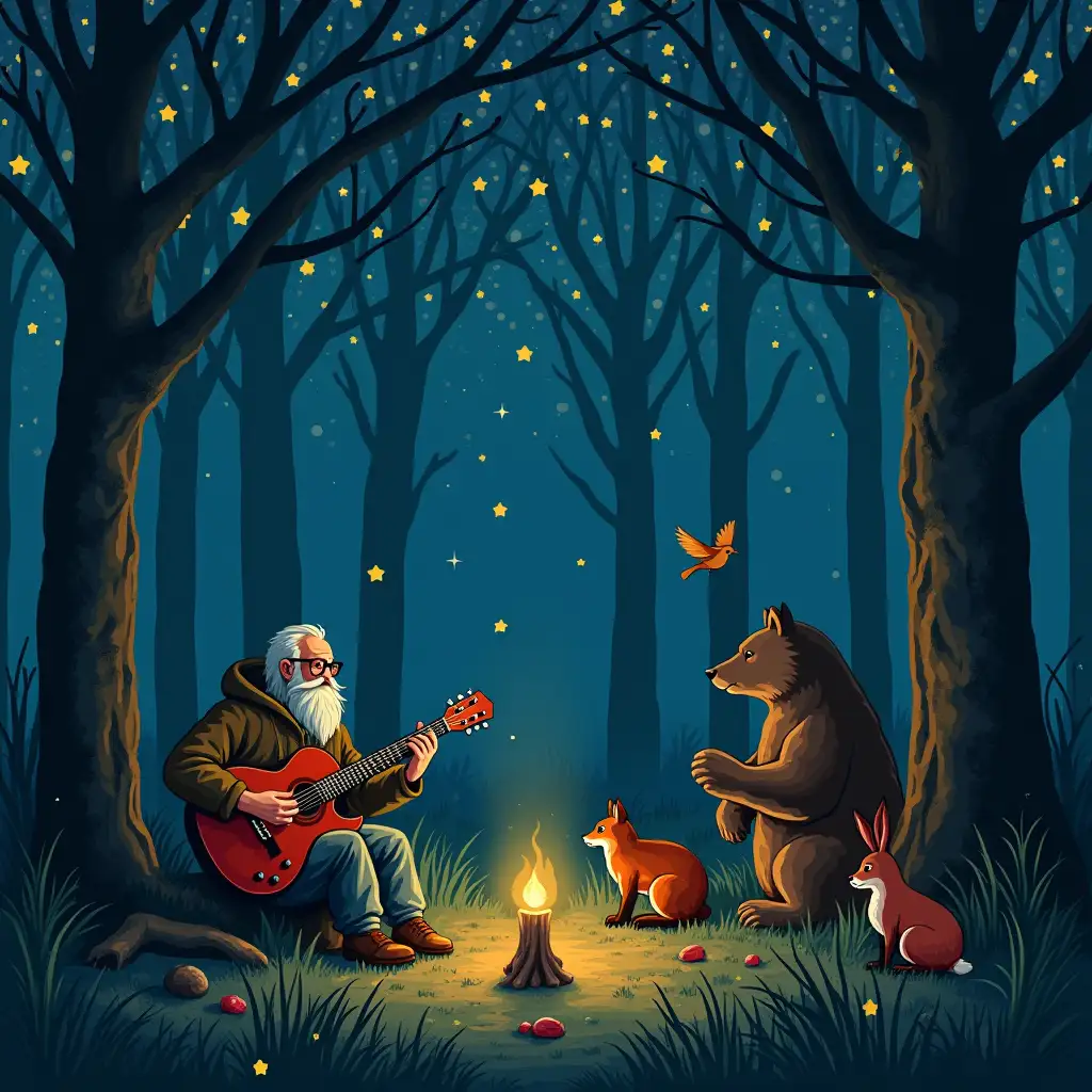 In the night forest, illuminated by bright stars, an old musician plays his guitar. His melody fills the air, attracting foxes, bears, birds, and hares. All of them stop moving, captivated by the warmth that emanates from his playing. The electric guitar sounds like a spell, its deep bass enveloping the listener in a warm embrace. In this incredible dance of nature and music, the heart freezes with wonder, and the soul sings with joy. To the sound of the guitar, all animals, strong and weak, gather together. They are all equal before the magic of music. The melody of the strings penetrates their hearts, creating an atmosphere of wonder in this enchanted forest.