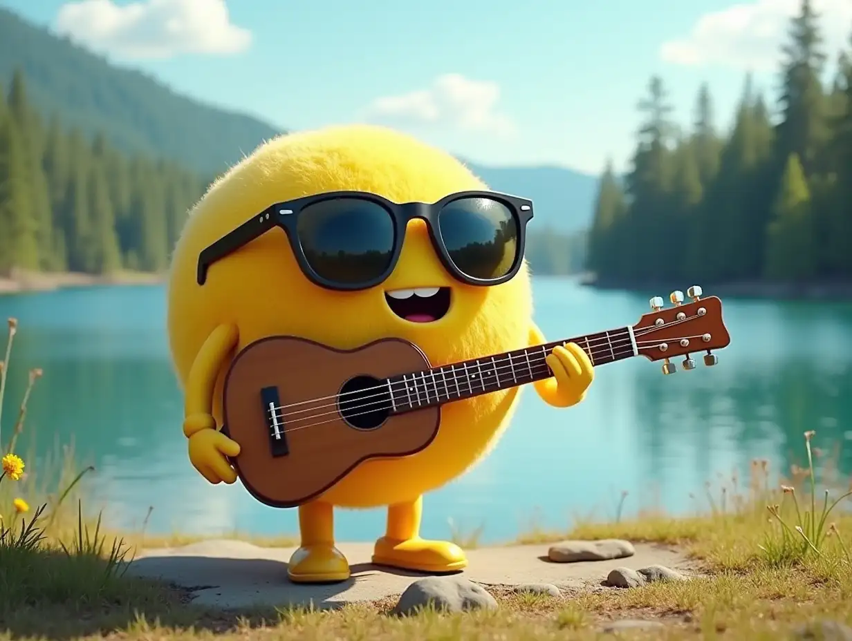 A round yellow ball with legs, arms, eyes, and black glasses with black lenses. Holding a guitar. Next to it is a forest and a lake on a clear day with a blue sky.