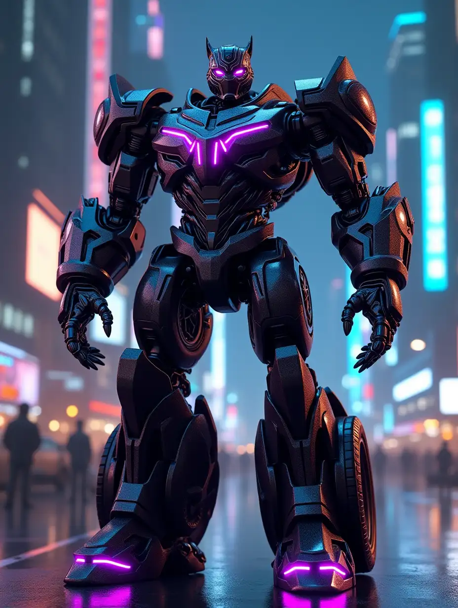 Futuristic-Black-PantherInspired-Robot-in-Neon-Cityscape