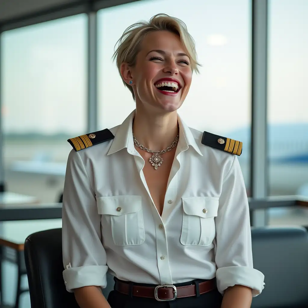 white norvegian pilot lady, in white deep-necked pilot shirt, laughing with her mouth open, red lipstick accentuating her smile,belt on waist, big wide hips, chest are fully grown, jewerly, short hair, HD, enjoying at airport , photo-realism