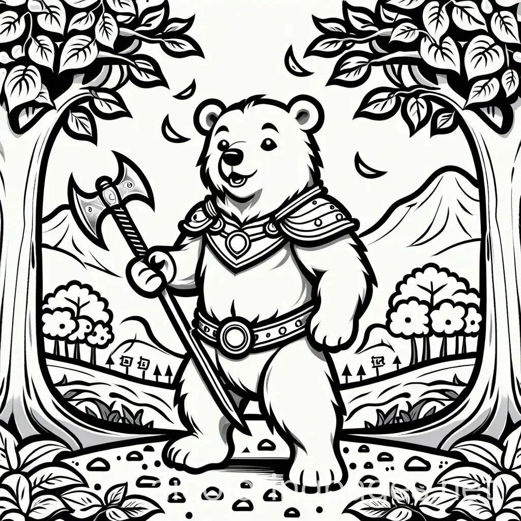 coloring page, fantasy bear with battle axe. There is an apple tree in the background , Coloring Page, black and white, line art, white background, Simplicity, Ample White Space. The background of the coloring page is plain white to make it easy for young children to color within the lines. The outlines of all the subjects are easy to distinguish, making it simple for kids to color without too much difficulty