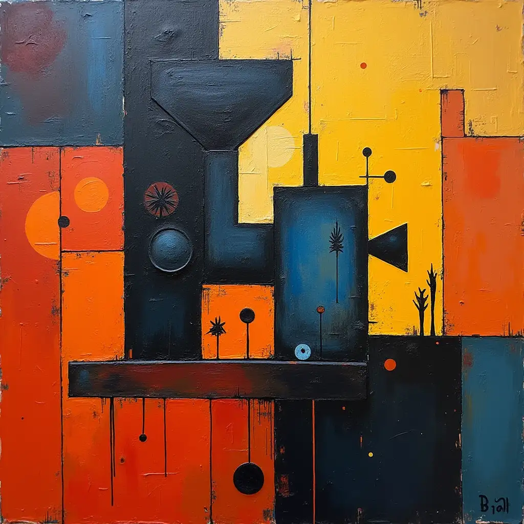 primitively schematically, Stalker meat grinder Tarkovsky style in the style of Kandinsky, Malevich, minimalism, simplify for a beginner artist with acrylic many colors, constructivism abstract expressionism, gloomily