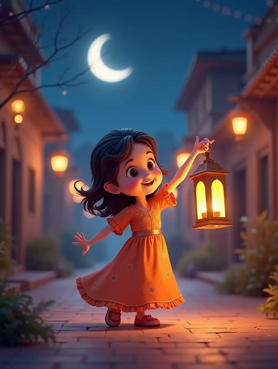 Create a 20-second video for YouTube for a young girl over the age of 4 to 5 years old who is an animation carrying a lantern in her hand, Ramadan wearing a wonderful dress, dancing to the music and celebrating a new Ramadan neighborhood without voice over, and in the background of the video is beautiful music for Ramadan and around it a luminous Ramadan atmosphere