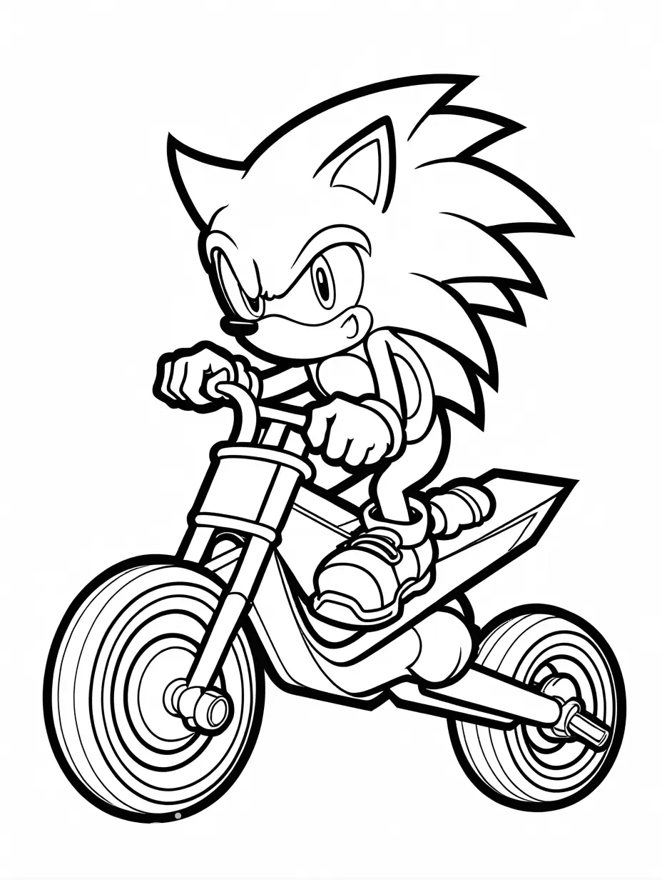 sonic on a ridebike, Coloring Page, black and white, line art, white background, Simplicity, Ample White Space. The background of the coloring page is plain white to make it easy for young children to color within the lines. The outlines of all the subjects are easy to distinguish, making it simple for kids to color without too much difficulty