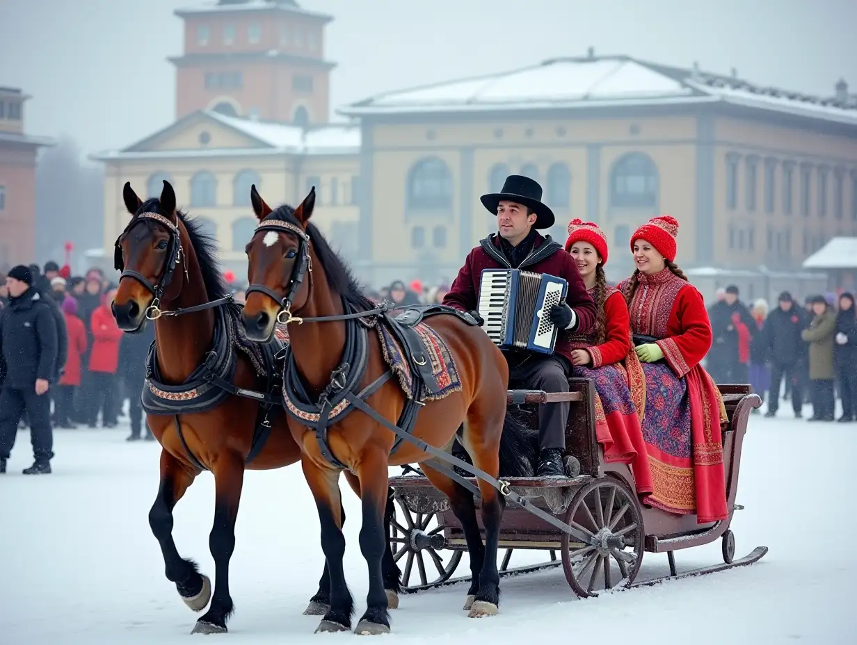Winter. Mass public festivity on Maslenitsa holiday. Horse harnessed to sled. In the sleigh sits a man with an accordion in a Russian kaftan and merry girls in Russian folk costumes.