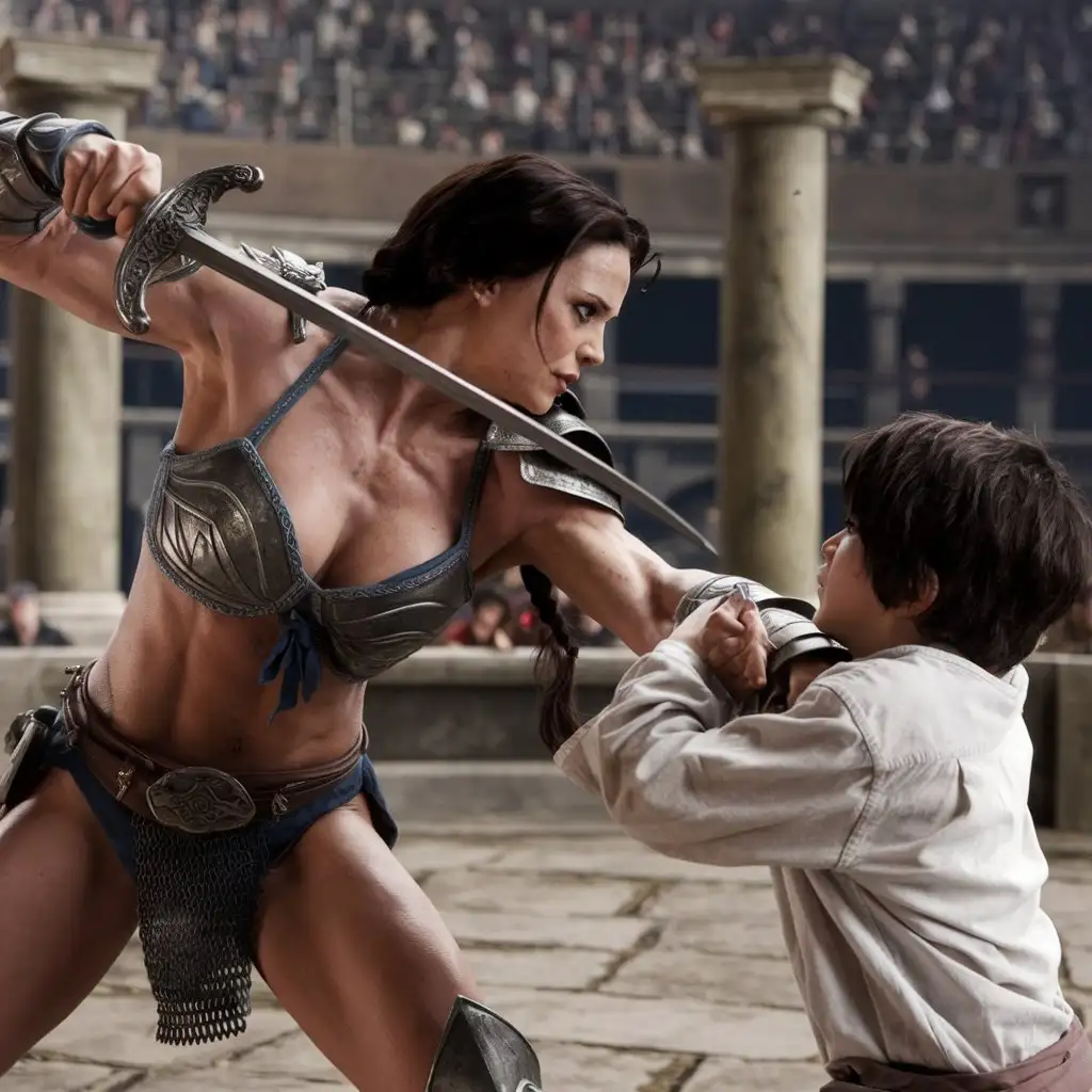 Gladiator-Battle-Beautiful-Muscular-Woman-and-Charismatic-Teenage-Opponent-in-a-Sword-Fight