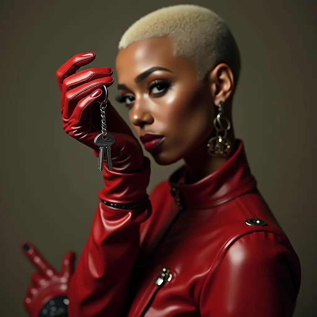 female African rap artist holding small keys towards viewer, shaved head, red leather motorcycle boots, leather gloves, blonde shaved head