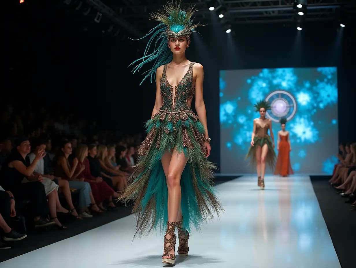 Ki-Fantasy, a mixture of woman-and peacock head design with beautiful shoes at a fashion show