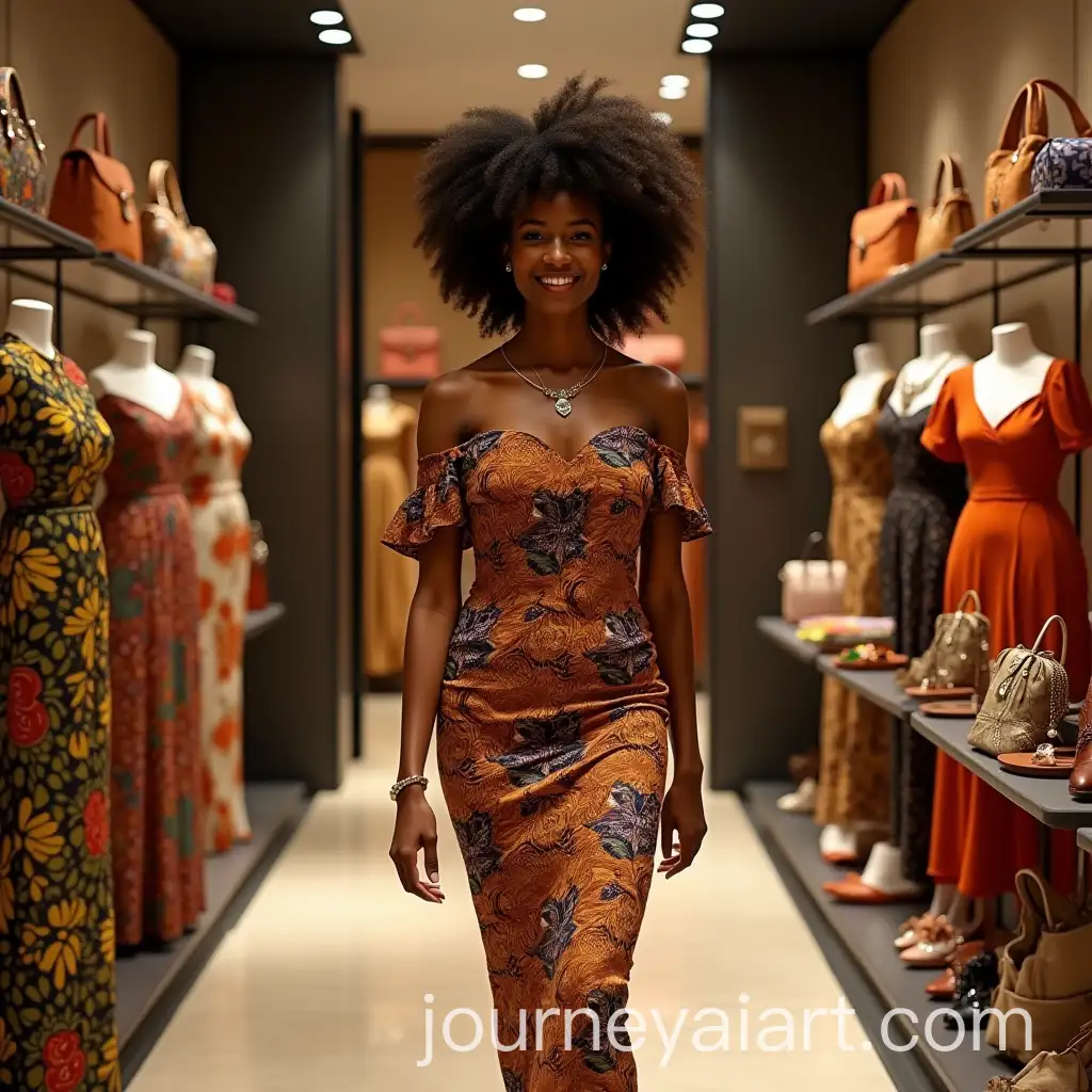 LightMixedRace-Woman-in-Elegant-OffShoulder-Dress-Walking-Through-Upscale-African-Boutique