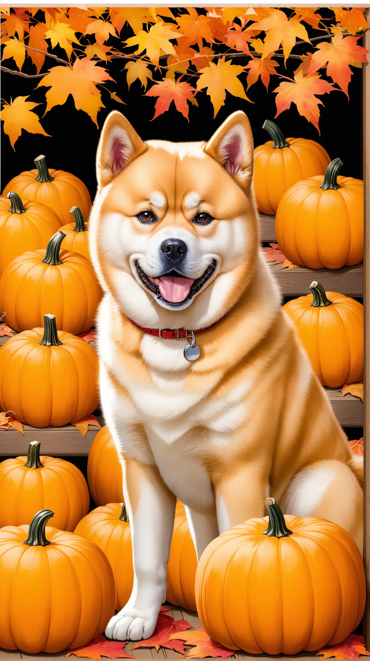 Akita Dog in Fall Setting with Pumpkins Transparent Background