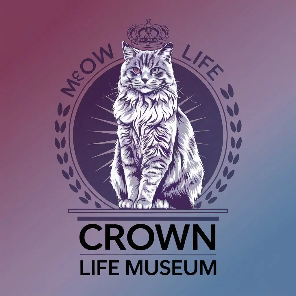 LOGO-Design-For-Meow-Crown-Life-Museum-Majestic-Maine-Cat-in-Line-Art-Style-with-Noble-Medallion