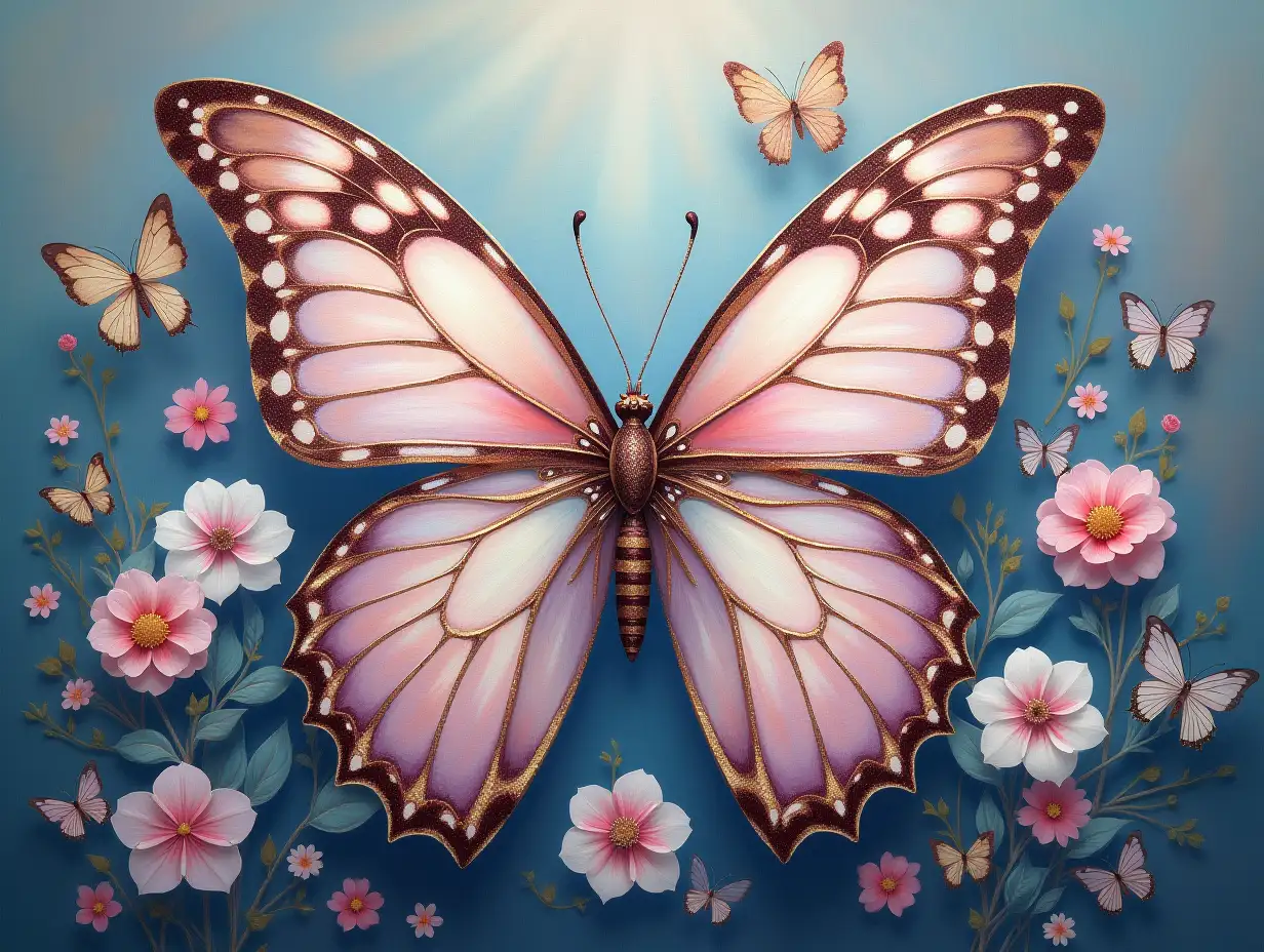 Create an image of a large, intricately detailed butterfly with shimmering, pastel-colored wings. The butterfly should be surrounded by a variety of delicate flowers in soft hues of pink, white, and blue. The wings of the butterfly should have ornate patterns and textures, giving a sense of elegance and beauty. The background should be filled with lush foliage and smaller butterflies, adding depth and richness to the scene. The overall style should be ethereal and enchanting, with a focus on fine details and a dreamy atmosphere. Oil painting, GLITTER ART