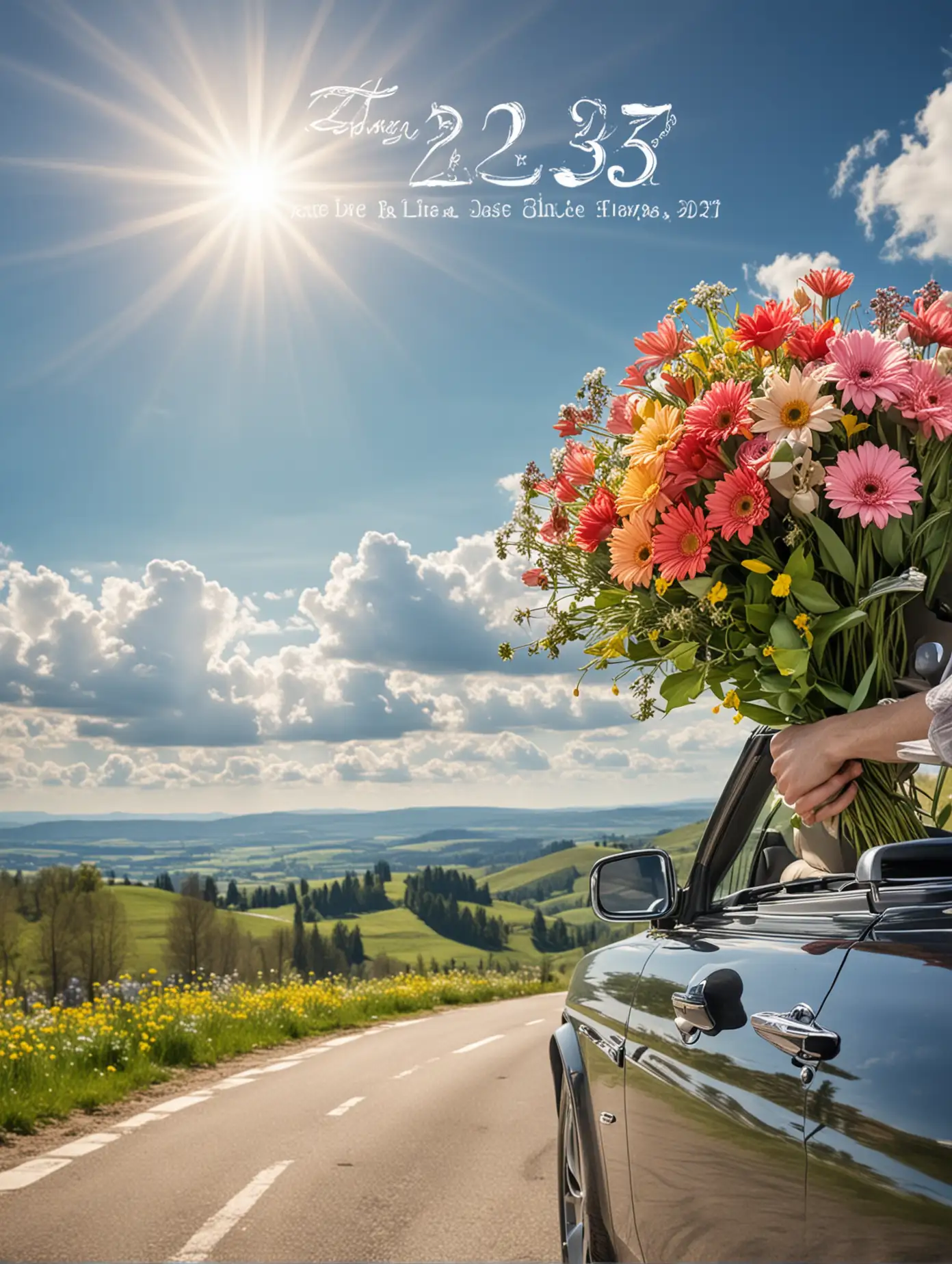 Masculine-Business-Style-23-February-Greeting-Card-with-Convertible-Spring-Nature-and-Bouquet-of-Flowers