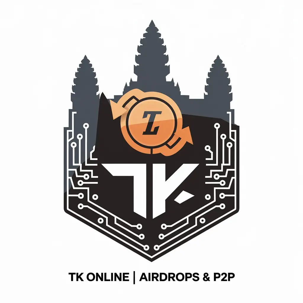 LOGO Design for TK Online Airdrops P2P Modern Shield Coin with Arrow Angkor Wat Silhouette