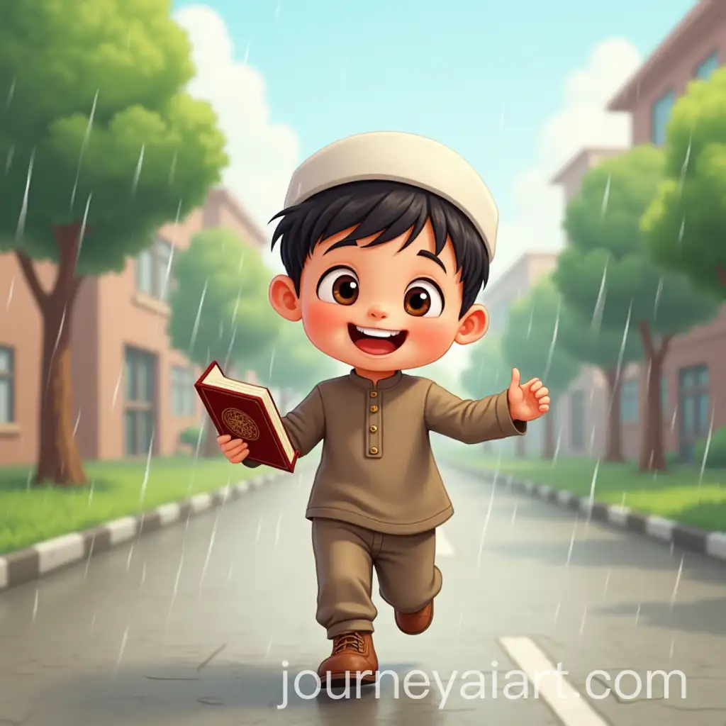 Happy-Little-Boy-in-Muslim-Clothes-Holding-Quran-Running-in-the-Rain