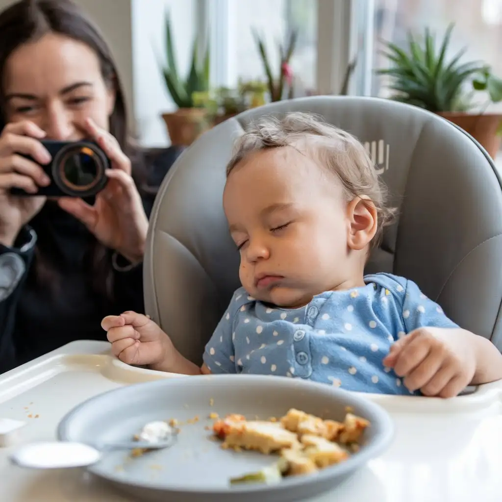 A toddler asleep in a highchair, with a plate of half-eaten food in front of them. The parent snaps a photo, grinning.