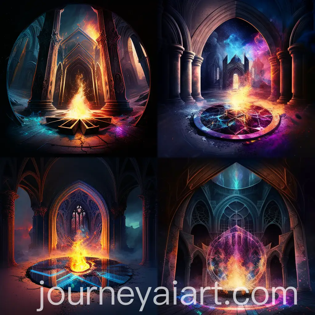 Fantasy-Cathedral-with-Secret-Writings-and-Colorful-Flames