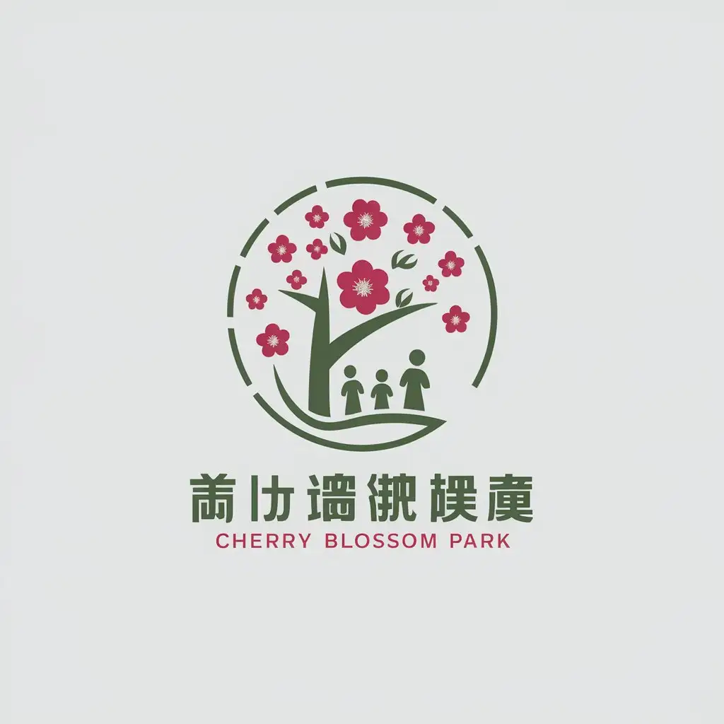 a vector logo design,with the text "Ganxian Cherry Blossom Park", main symbol:*Design Overview** - 1.1 Introduce the purpose and goals of Ganxian Cherry Park - 1.2 Introduction of core elements in LOGO design: cherry blossoms, people, trees, ...,Minimalistic,clear background