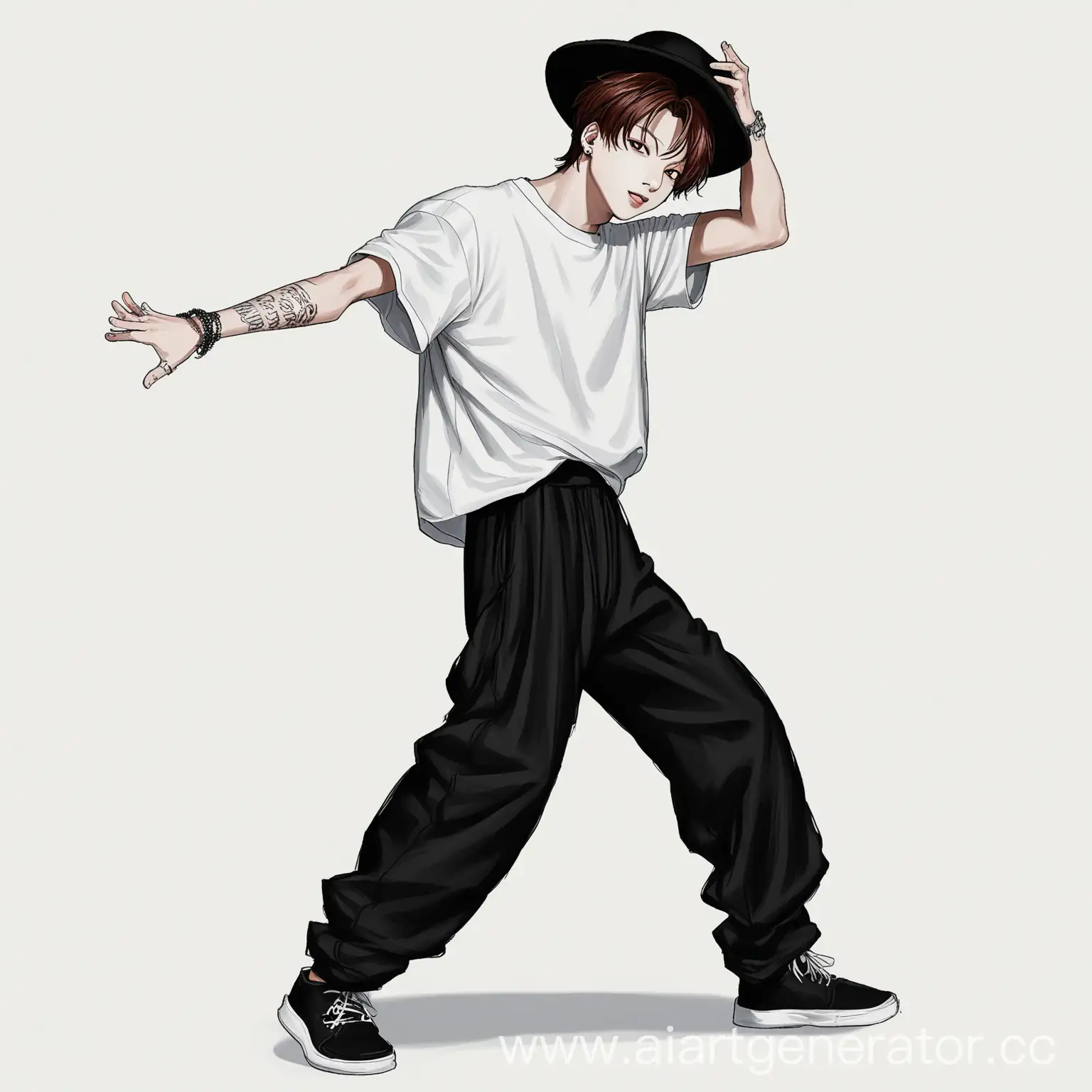 art drawn drawing of jungkook from BTS, facial features of jungkook. Jungkook is dancing in the studio, wearing oversize pants and a white T-shirt, with a black panama hat on his head