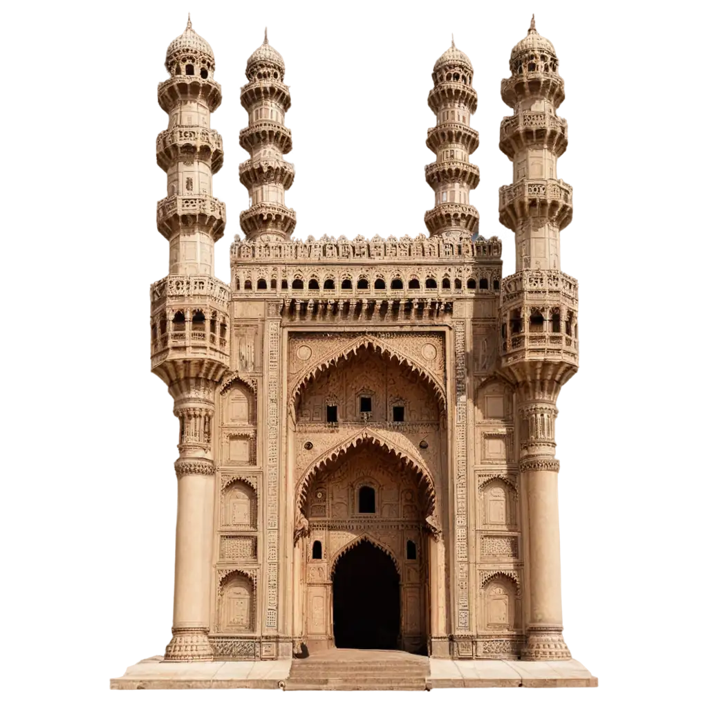 Create a high-resolution, front-facing image of the Charminar monument in Hyderabad, India. Emphasize its intricate Indo-Islamic architectural features, including four grand minarets with multiple balconies, detailed stucco ornamentation, and the large central archway. The monument should be isolated on a pure black background for dramatic contrast. Include visible scaffolding on the minarets to suggest ongoing restoration work. Maintain warm lighting to highlight the sandstone and stucco textures.
