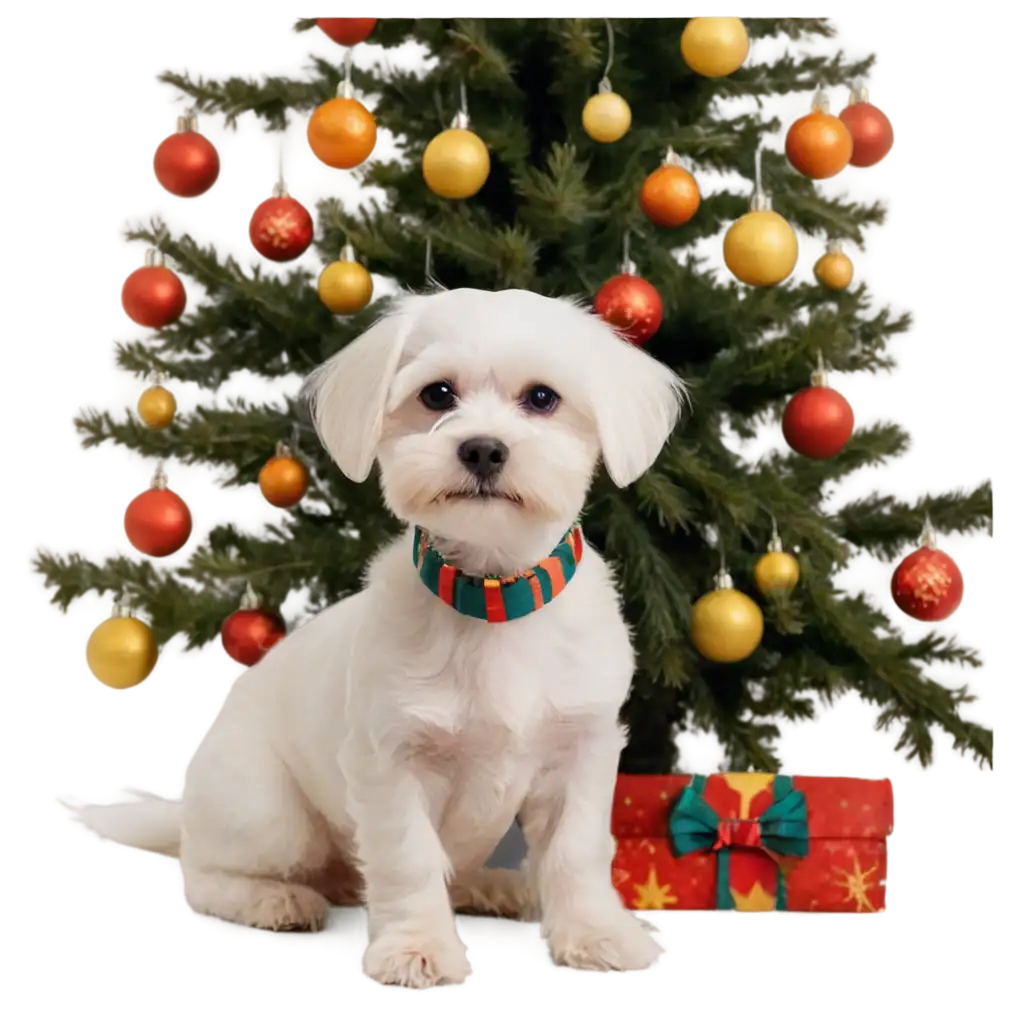 a white Maltese dog with a small collar with an orange, yellow and bluish-grey stripe in the hair of its head posing next to the Christmas tree