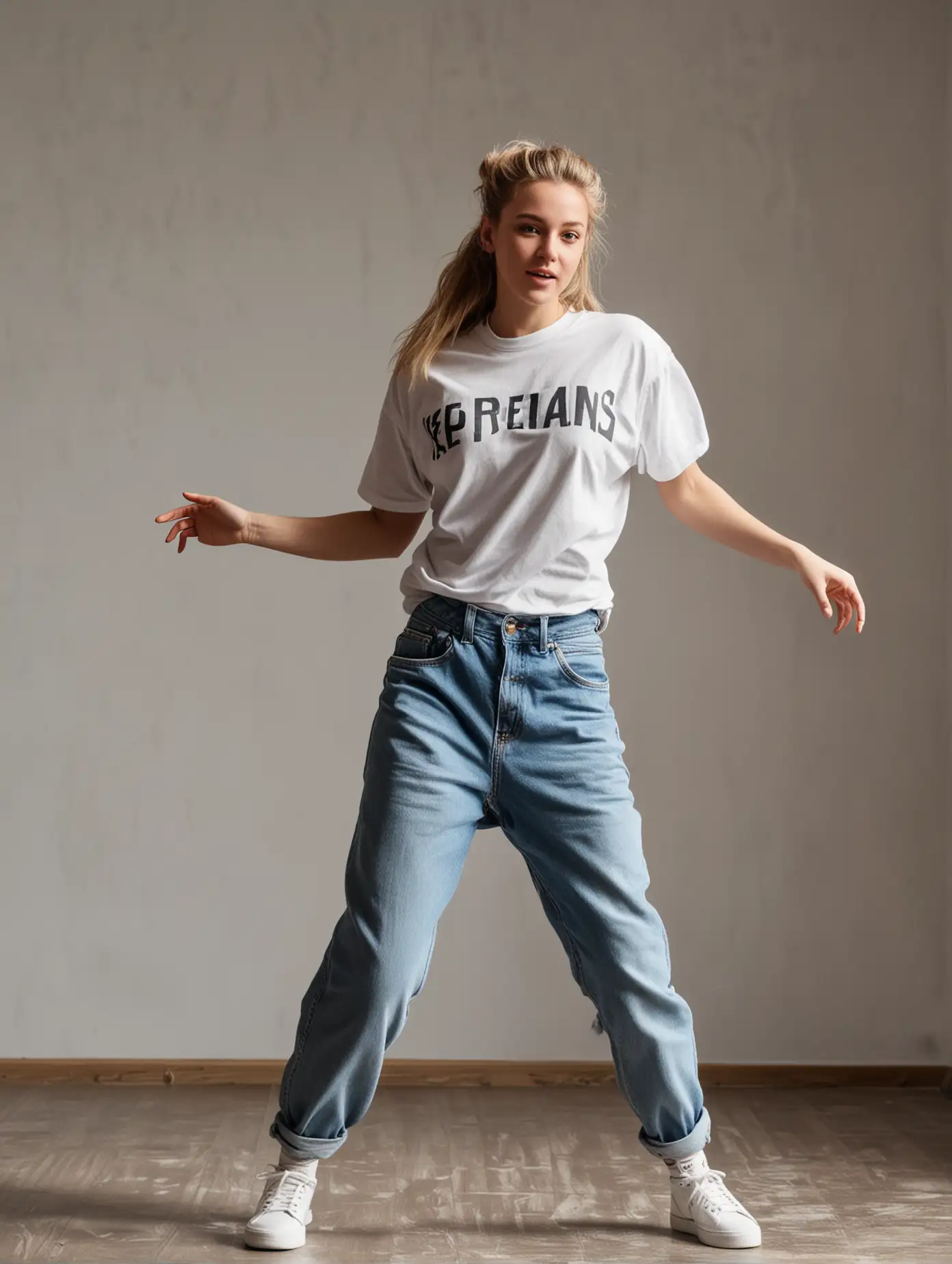 a young white woman dancing hip-hop indoors, wearing wide jeans and an oversized T-shirt, performing energetic movements