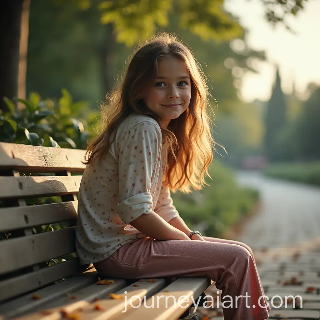 Young-Girl-Sitting-on-a-Park-Bench-in-a-Serene-Outdoor-Setting