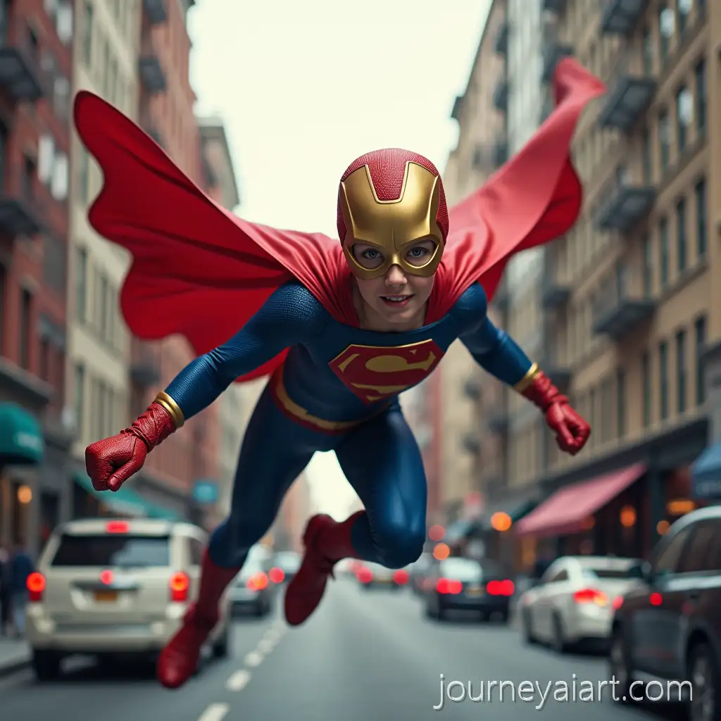 Superhero-Soaring-AboveSuperhero-flying-in-city-a-Busy-City-in-Gold-Red-and-Blue-Costume