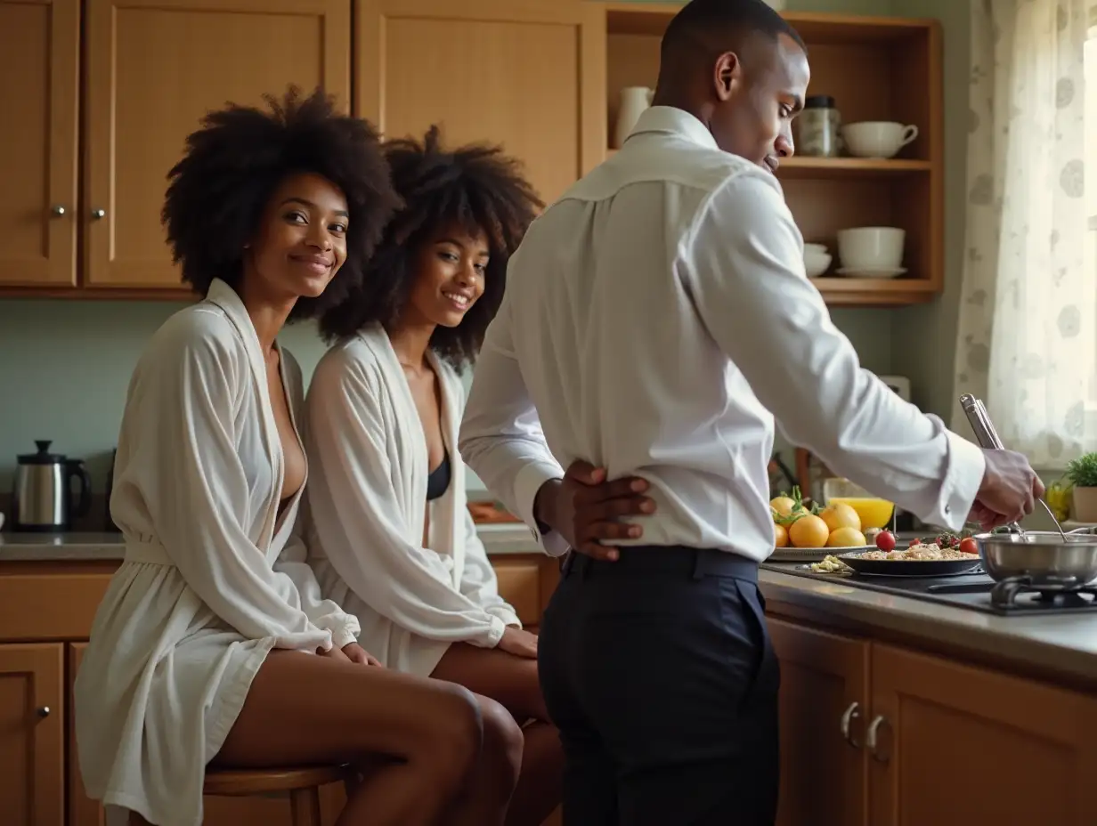 Young-Women-Admiring-Butler-Preparing-Breakfast-in-the-Kitchen