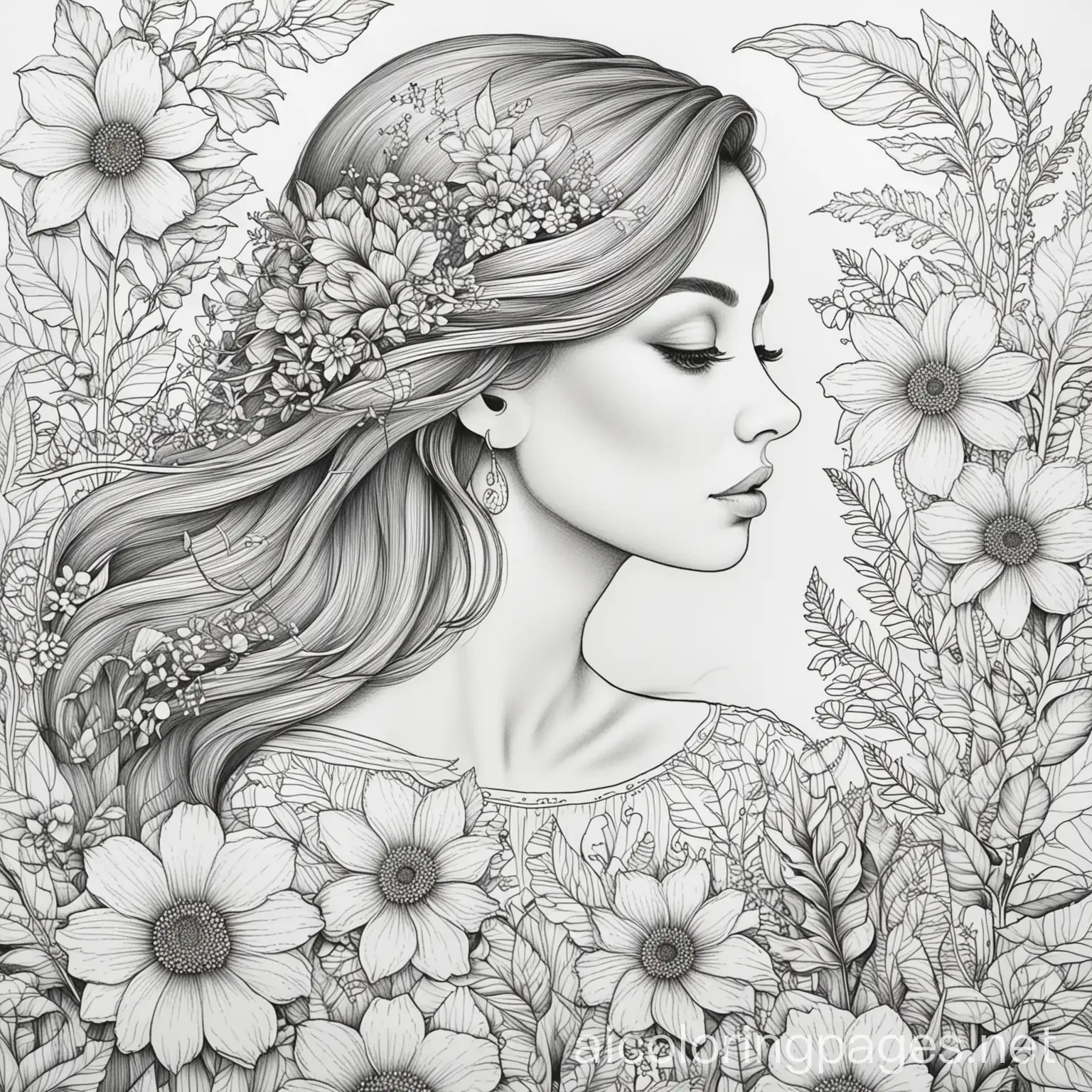 Black and white adult coloring book with lady and flowers, Coloring Page, black and white, line art, white background, Simplicity, Ample White Space. The background of the coloring page is plain white to make it easy for young children to color within the lines. The outlines of all the subjects are easy to distinguish, making it simple for kids to color without too much difficulty