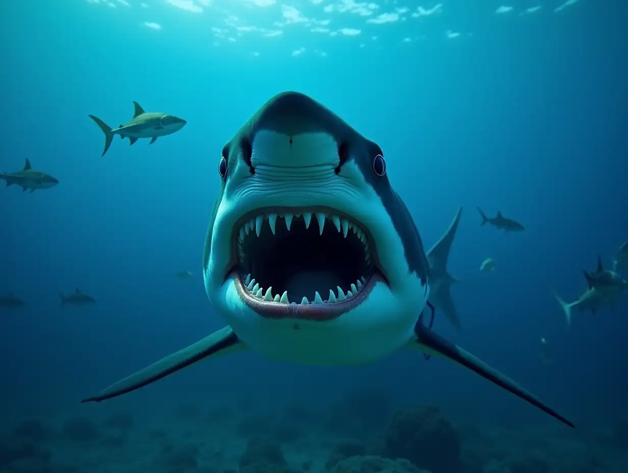 Blue shark with open mouth full of teeth from the bottom of the sea scaring other fish