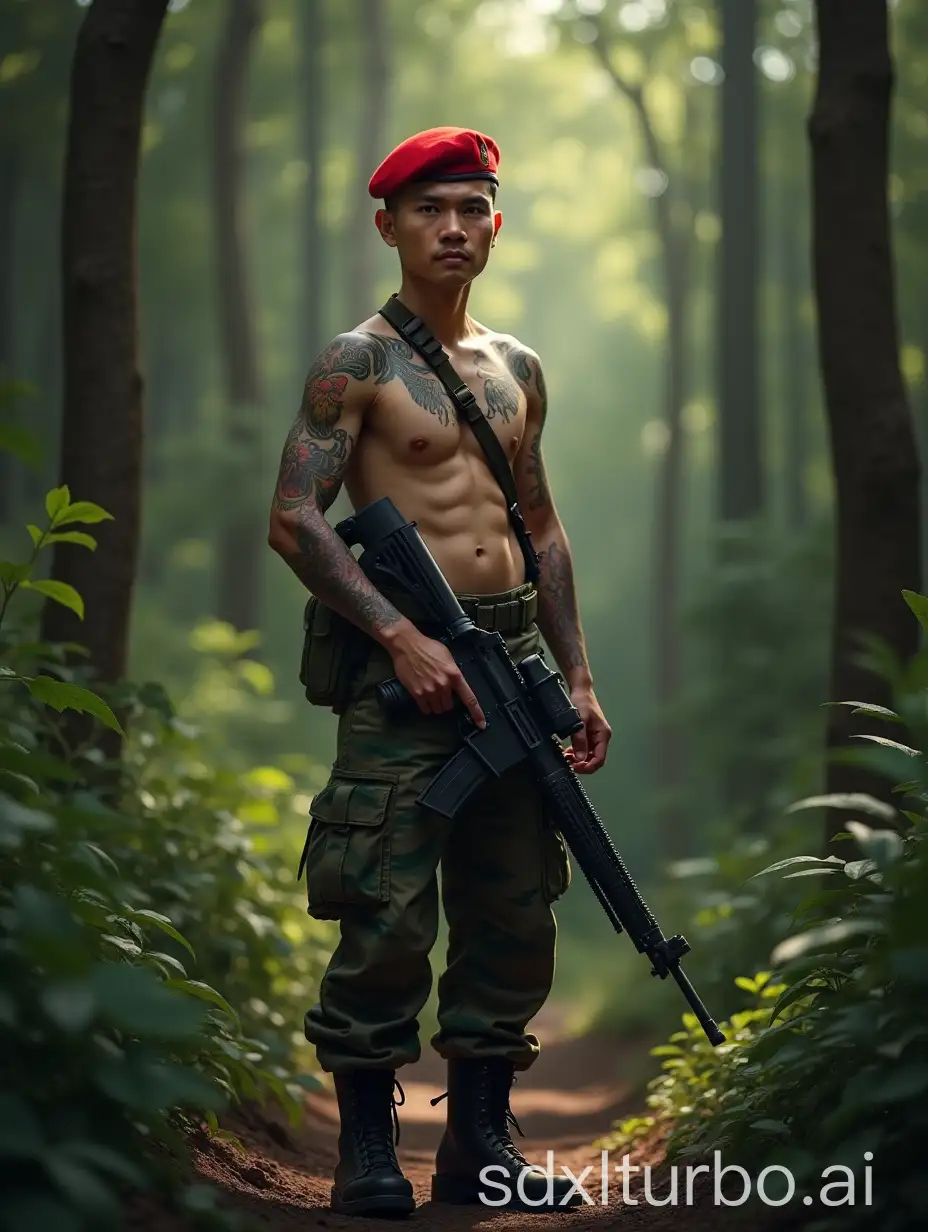 Indonesian-Soldier-in-Dense-Forest-with-Traditional-Tattoos-and-Tactical-Rifle