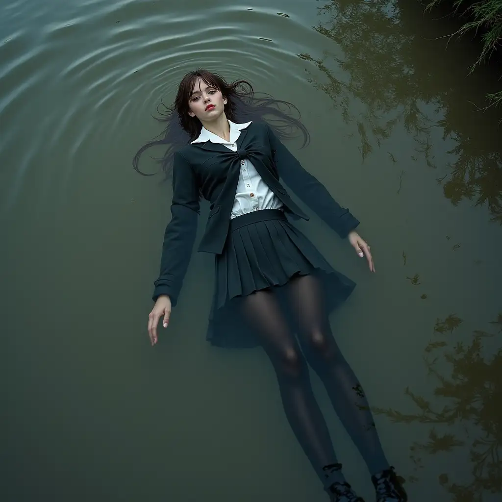 A schoolgirl in a school uniform, with a skirt, jacket, blouse, dark tights, high-heeled shoes. Swims in a dirty pond, lies underwater, the whole body under water, completely wet clothes, no dry parts of clothes, wet clothes stick to the body.