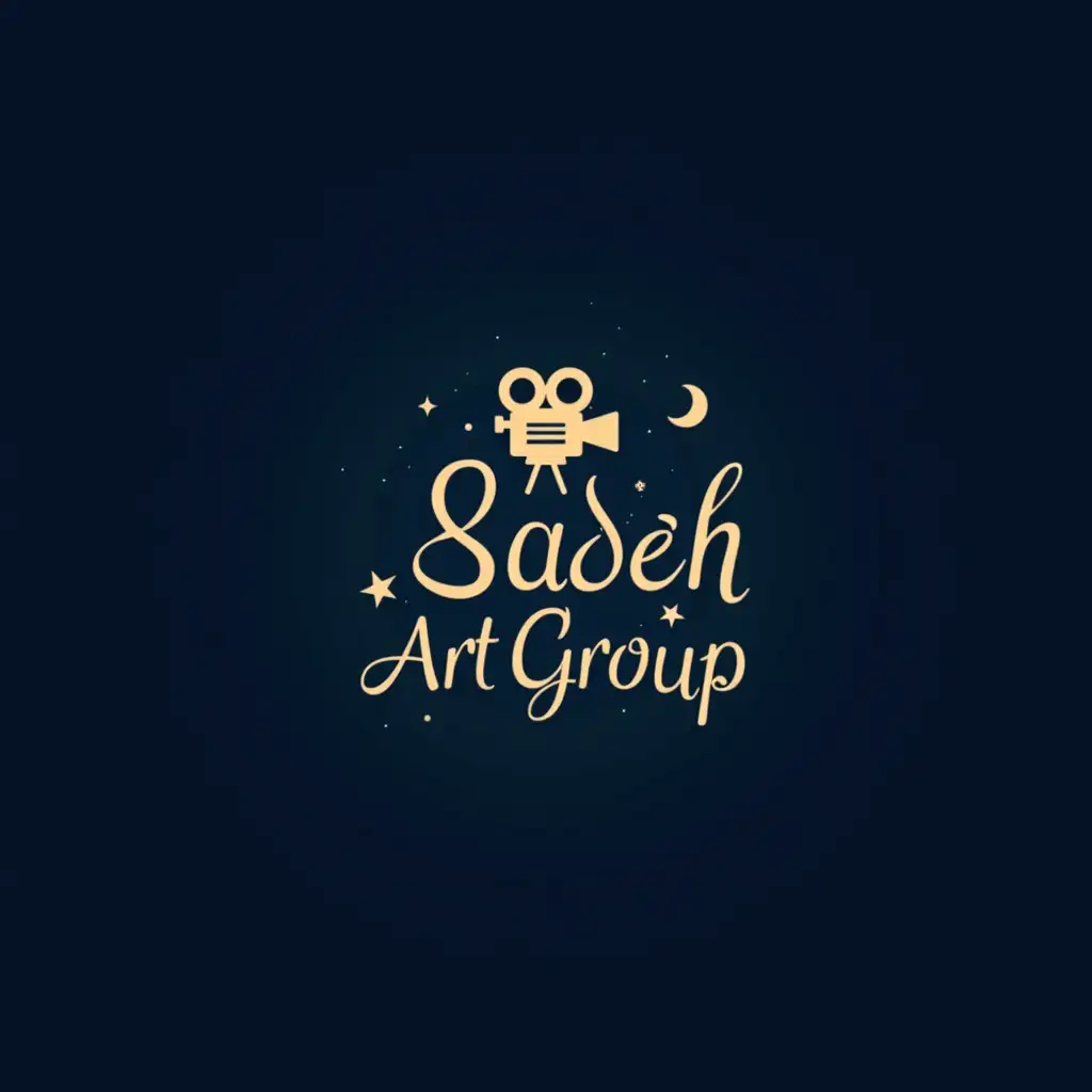 Design a logo for a filmmaking art group named 'Sadeh Art Group.' The logo should incorporate a movie camera as the central symbol, representing filmmaking. Include elements of the night sky (stars, moon, or a dark blue gradient) to evoke creativity and inspiration. Add a director's chair subtly integrated into the design to symbolize leadership and vision in filmmaking. The group's name, 'Sadeh Art Group,' should be prominently displayed in a modern, artistic font that complements the cinematic theme. The overall design should feel elegant, creative, and professional, reflecting the group's dedication to the art of filmmaking.