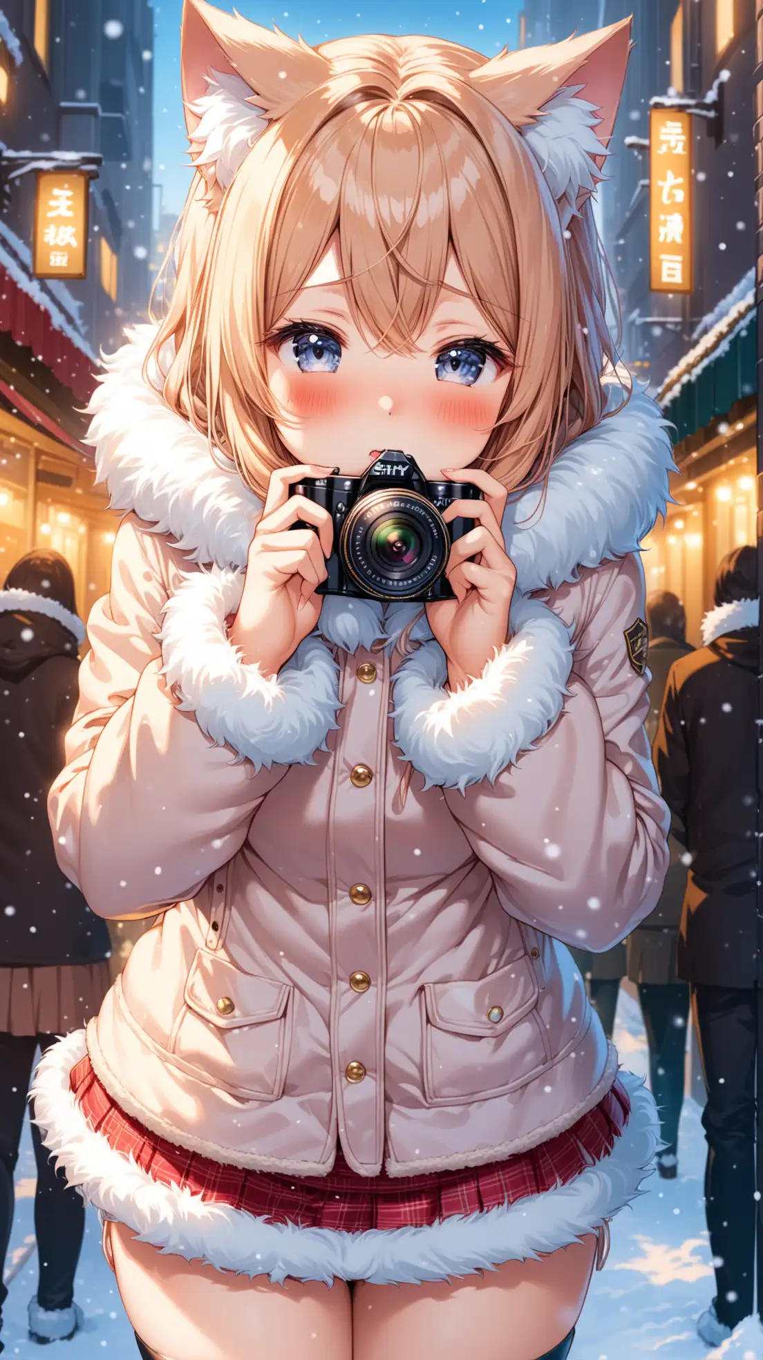 Masterpiece, best quality, Cute catgirl wearing a fluffy fur covered jacket buching up in the cold winter city streets, shy, blushing, (((micro-skirt with fur trim))), camera looking up