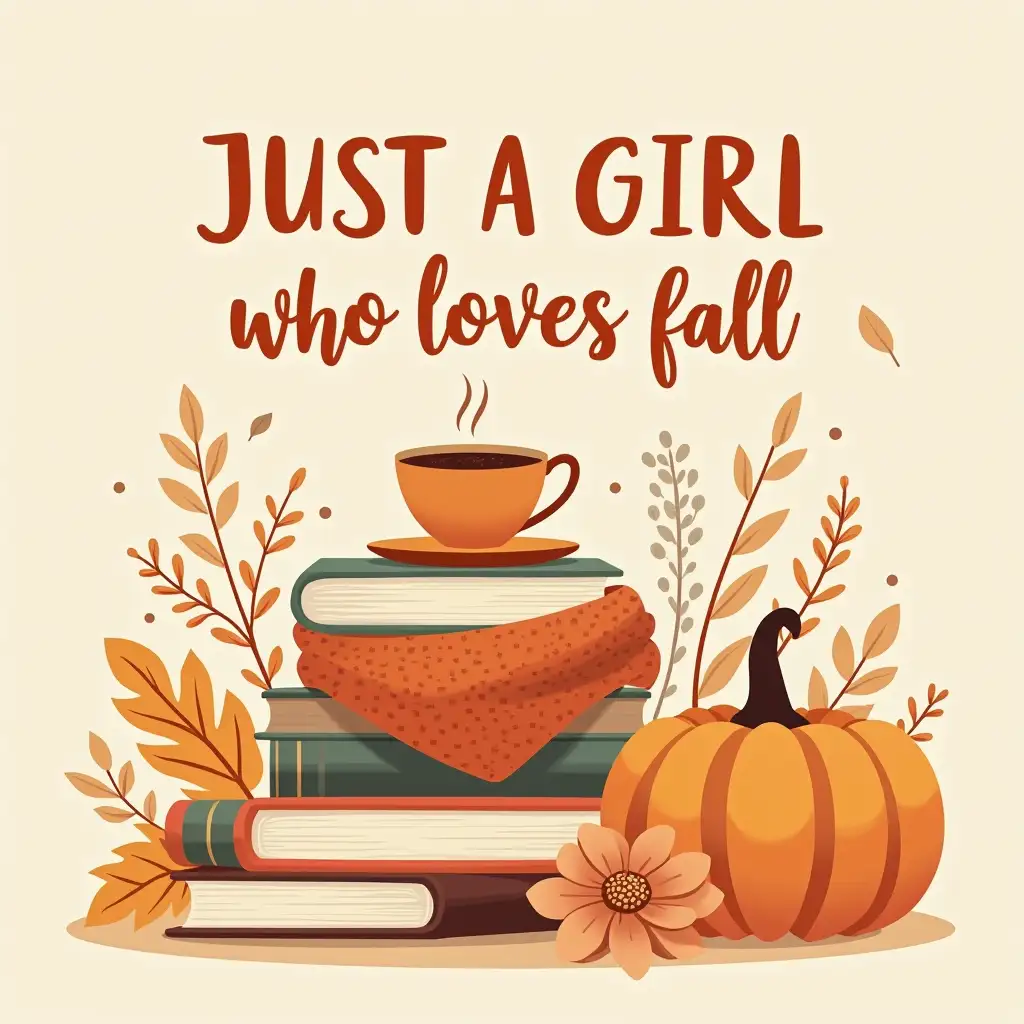 Vector illustration. the word 'Just a Girl Who Loves Fall' in bold. A stack of books, a pumpkin, a cup of coffee, and a cozy scarf, all surrounded by fallen leaves and flowers. The overall atmosphere is warm and inviting, perfect for autumn. background all surrounded by fallen leaves and flowers. pastel.