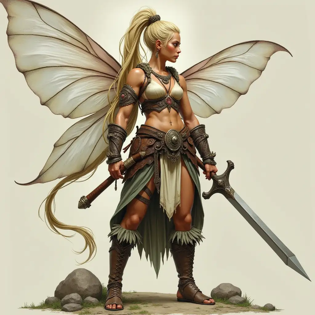 A large fairy barbarian with a sword and a ponytail