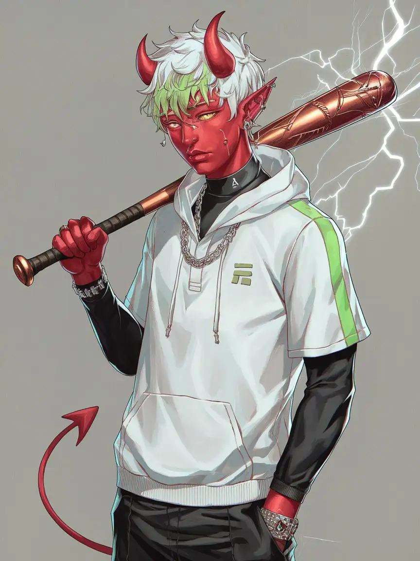 Videogame anime urban fantasy character render painting splash, depicting a teenage male tiefling devilkind delinquent, with scarlet skin, pointed ears, scarlet devil horns, and a long slender whip-like scarlet devil tail. He also has messy white anime hair, with bangs dyed acid-green, and tired-looking yellow eyes. He is wearing a short-sleeved white hoodie with a single wide acid-green shoulder stripe, over a long-sleeved black polo shirt with the collar popped, a thin silver chain necklace, and matching hip-hop techwear streetwear pants and sneakers. He has a bronze-armored baseball bat slung over his shoulder, with lightning crackling at the bronze-plated head of the bat, and is also carrying a techwear backpack overstuffed with various stolen goods.