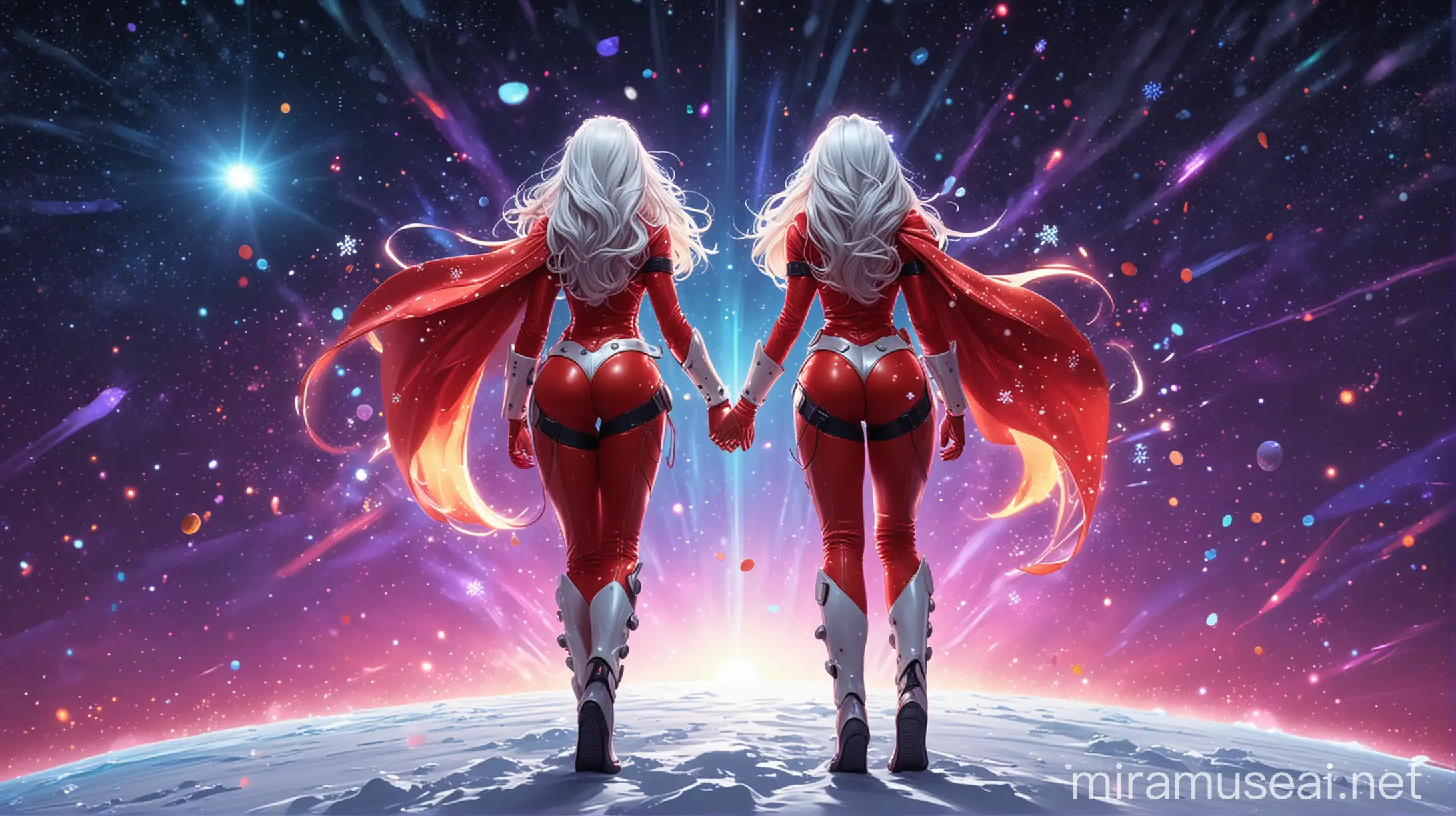 cartoon style, full-length fitness body skinny Santa's girlfriend from behind, long wild hairstyle, tight futuristic spacesuit with glowing parts, fluttering in the wind long cape, colorful night sky with planetary collision with bright explosion, bright snowflakes