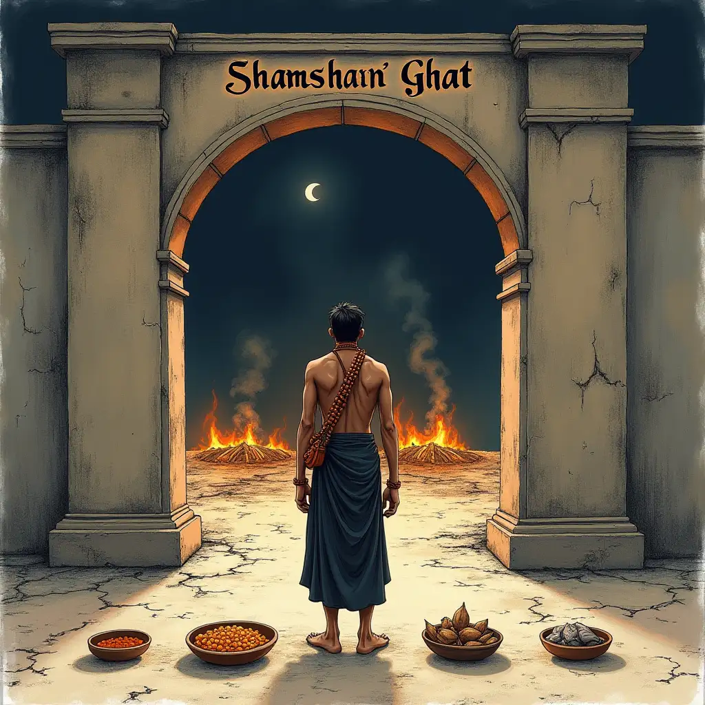 A hand-drawn, storybook-style illustration depicting a young man standing at the entrance of a Shamshan Ghat (cremation ground) at night. He is dressed in a black dhoti, with a sacred Janeu draped across his torso and Rudraksha malas adorning his neck and wrists. A small bag hangs from his shoulder prayer, gazing solemnly into the cremation ground. In front of him, five carefully placed bowls hold ritual offerings—kheer, alcohol, fruits, mutton, and fish—symbolizing devotion and ancient tantric traditions. The large, weathered entrance gate looms behind him, with 'शमशान घाट' (Shamshan Ghat) inscribed in bold Hindi script at the top. Inside, flickering pyres cast an eerie glow, with smoke rising into the dark, moonlit sky. The illustration is rich in detail, using textured pencil strokes and a muted color palette to create a mystical, spiritual atmosphere, perfect for a storybook narrative.