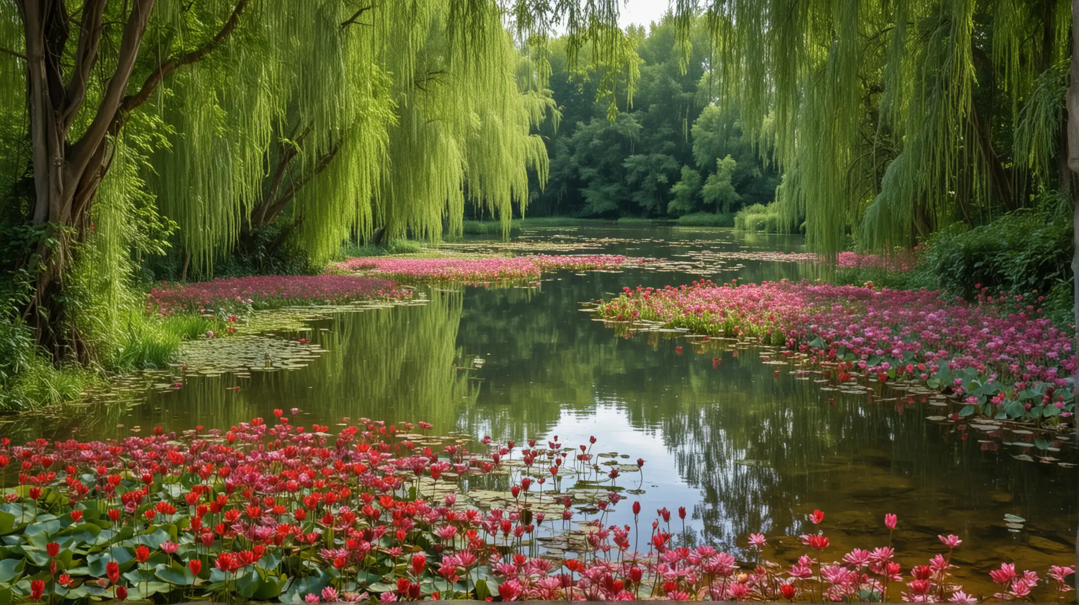 Tranquil Lake with Water Lily Islands and Wooden Bridge