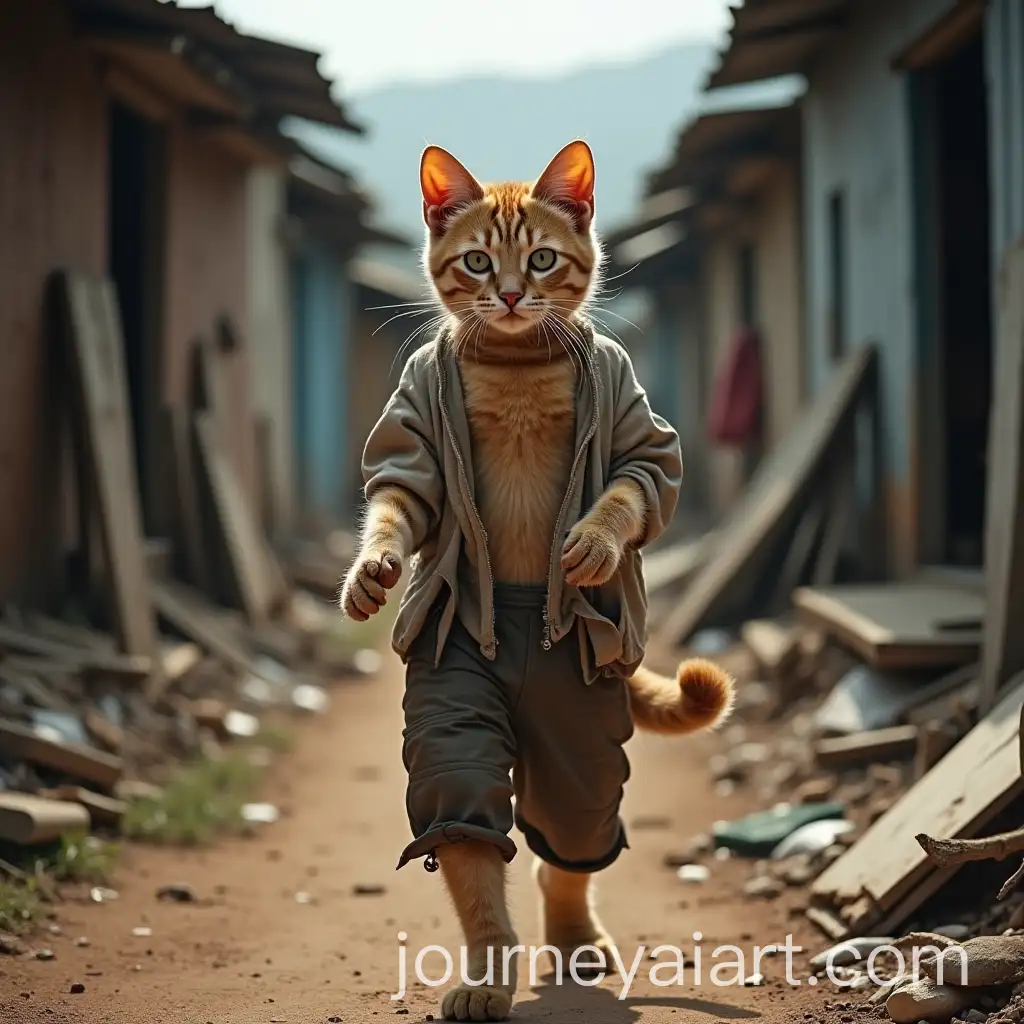 Confident-Upright-Cat-in-Tattered-Clothes-Walking-Through-Slum-Area