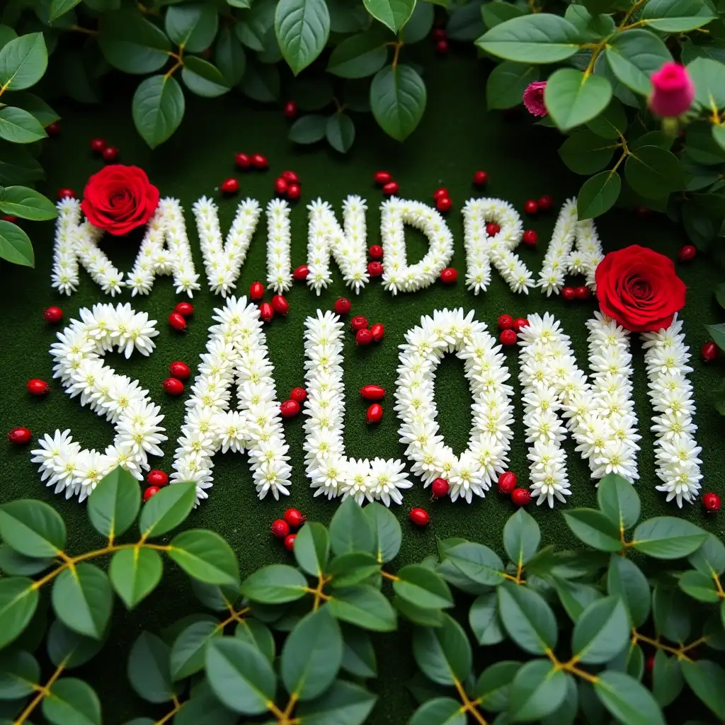 In a serene corner of the garden, the name “KAVINDRA❤️SALONI” blooms gracefully, crafted from delicate white flowers and lush green leaves. The artistry of nature is highlighted by two vibrant red roses, one at the top left and the other at the bottom right, adding a touch of passion and elegance. Scattered among the letters, small red berries provide a charming contrast, making the arrangement a perfect blend of simplicity and sophistication. This floral masterpiece not only spells out a name but also tells a story of beauty, tranquility, and the timeless allure of nature.