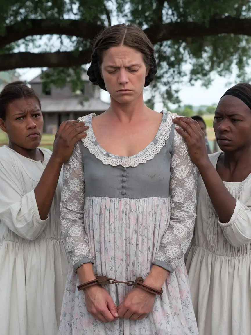 Historical Scene Submissive Woman in Handcuffs with AfroAmerican Slaves Texas 1800s