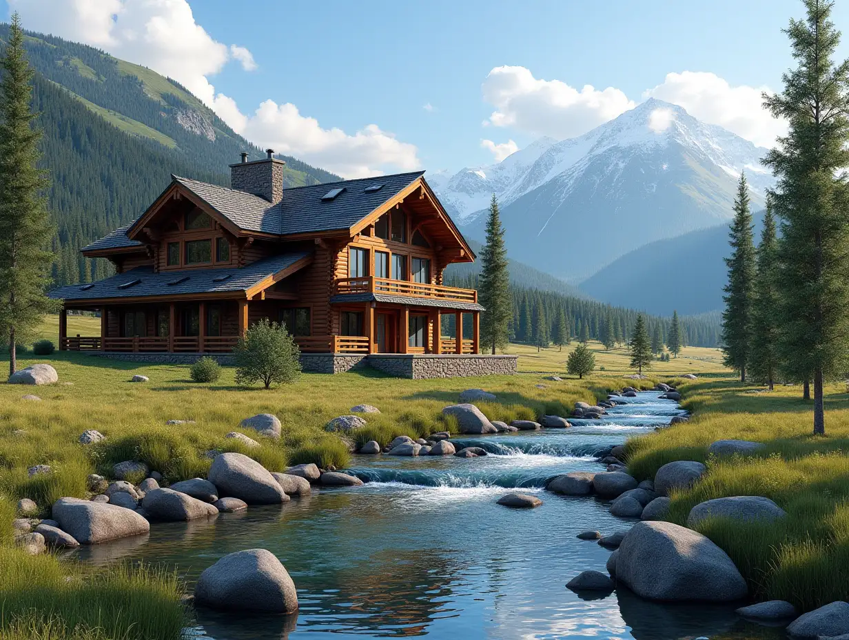 Architecture in the style of chalet in the nature of Colorado, beautiful landscape, river, ranch