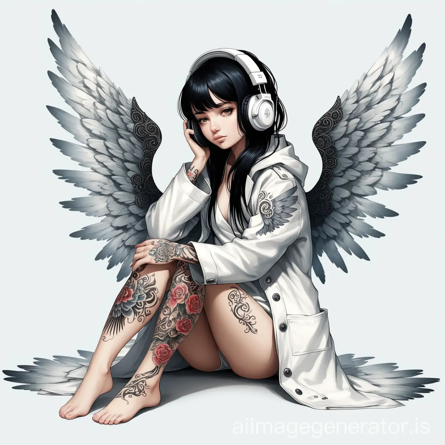Feminine-Angel-with-Black-Hair-and-Headphones-Sitting-on-the-Floor-with-Large-Tattooed-Wings-and-White-Coat