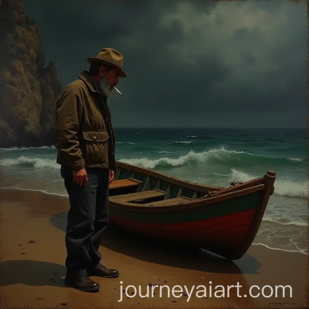 Fisherman-on-the-Costa-Brava-Shore-with-Stormy-Sky-and-Fishing-Boat
