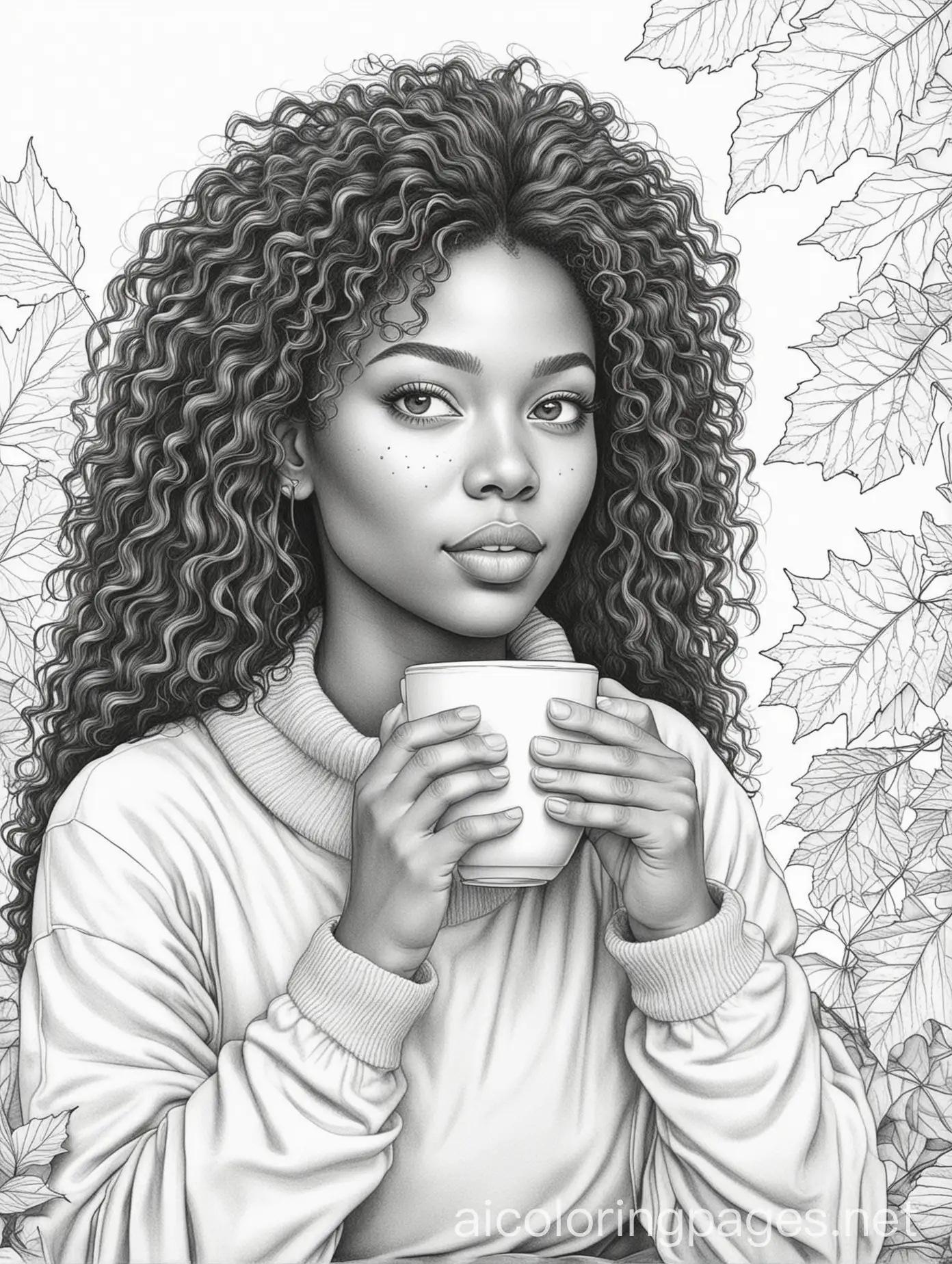 Elegant-Line-Drawing-of-a-Black-Woman-Enjoying-Coffee-in-Autumn